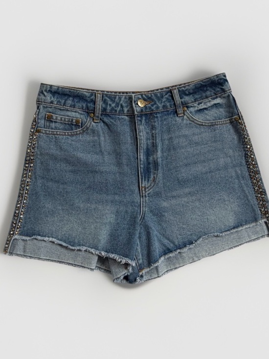 VENUS Pants - Rhinestone Side Stripe High Rise Distressed Denim Shorts 10 Festival Cowgirl